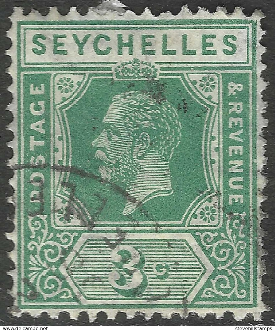 Seychelles. 1921-32 KGV. 3c Green Used. Mult Script CA W/M SG 99. M3171 - Seychellen (...-1976)