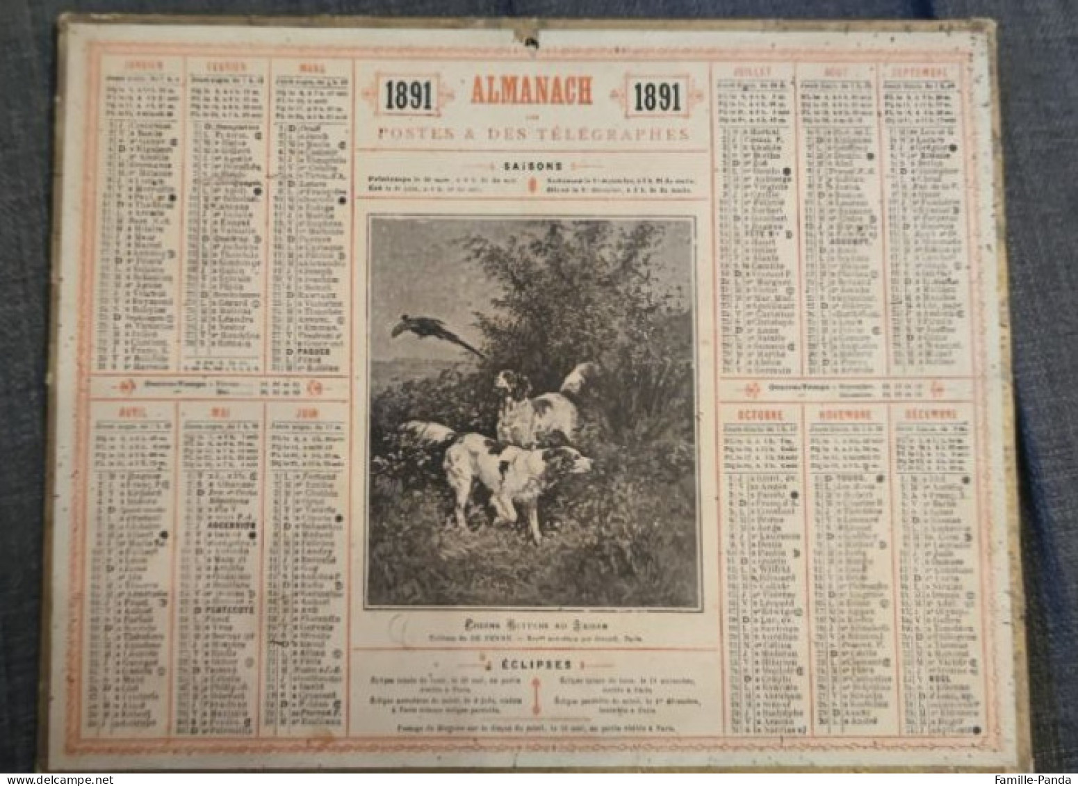 Calendrier PTT ALMANACH 1891 Des Postes Et Télégraphes 45 Loiret - Chiens Setters Au Faisan - Groot Formaat: ...-1900