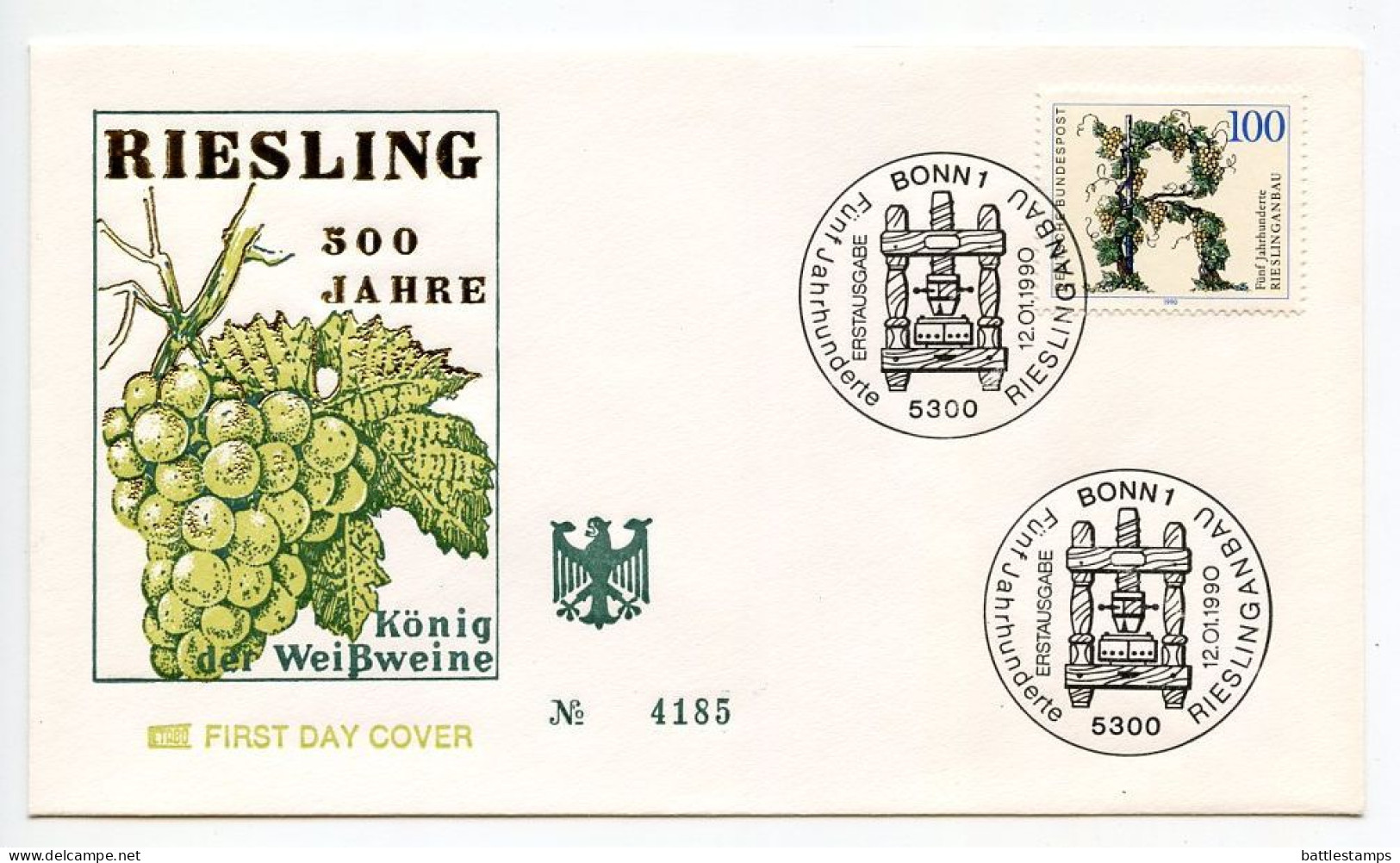 Germany, West 1990 FDC Scott 1593 Riesling Vineyards 500th Anniversary - 1981-1990