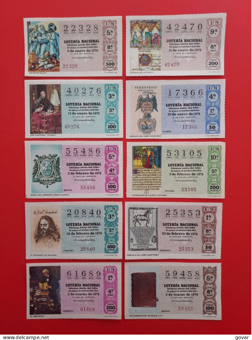 AÑO 1974 COMPLETO LOTERÍA NACIONAL ESPAÑA, SÁBADOS, TODOS LOS DECIMOS DEL AÑO - Billets De Loterie