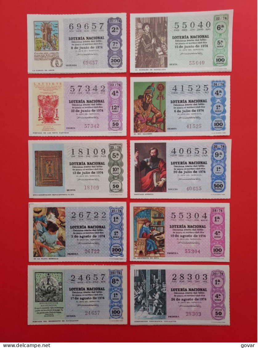 AÑO 1974 COMPLETO LOTERÍA NACIONAL ESPAÑA, SÁBADOS, TODOS LOS DECIMOS DEL AÑO - Billetes De Lotería