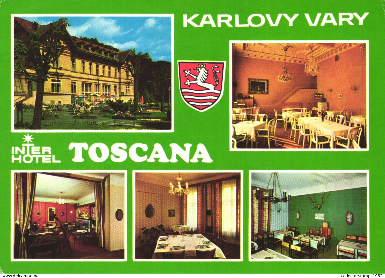 KARLOVY VARY, MULTIPLE VIEWS, ARCHITECTURE, HOTEL TOSCANA, RESTAURANT, UMBRELLA, EMBLEM, CZECH REPUBLIC, POSTCARD - Czech Republic