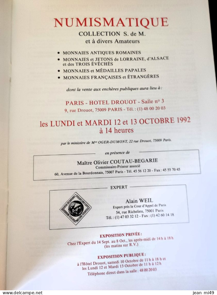 CATALOGUE NUMISMATIQUE  - Collection S.DE M. - PARIS HOTEL DROUOT - 12 ET 13 OCTOBRE 1992 - Französisch