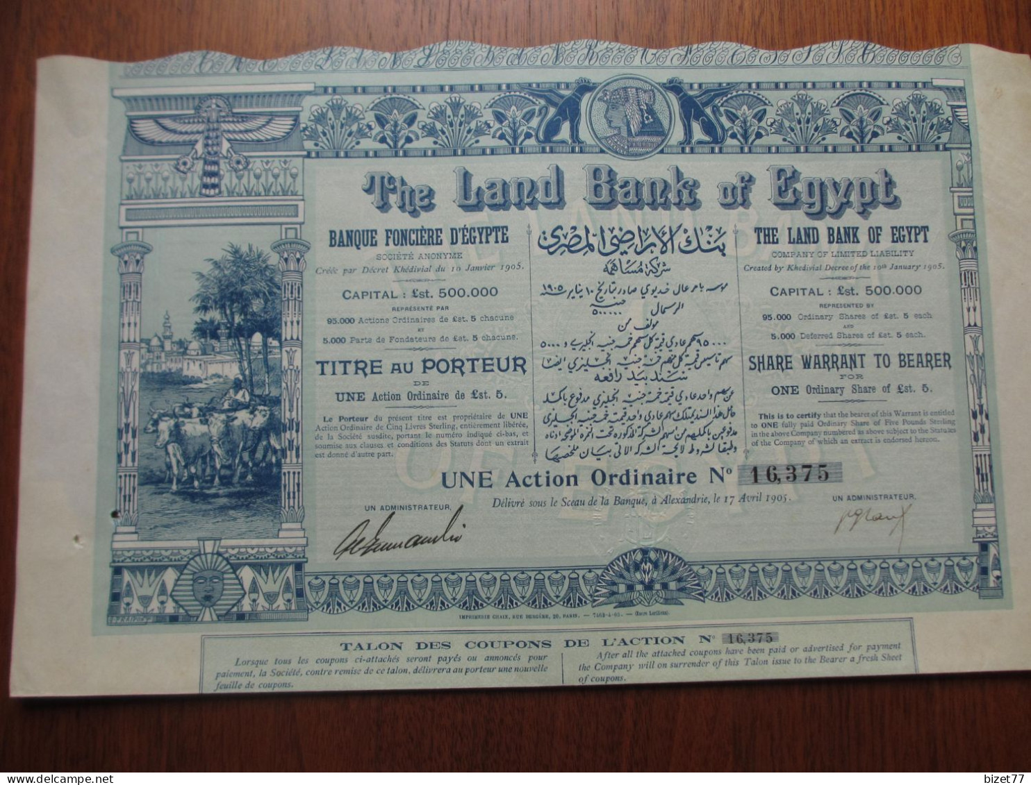 EGYPTE - ALEXANDRIE 1905 - THE LAND BANK OF EGYPT - TITRE DE 5 LIVRES STERLING - CAPITAL 500 000 - BELLE DECO - Andere & Zonder Classificatie