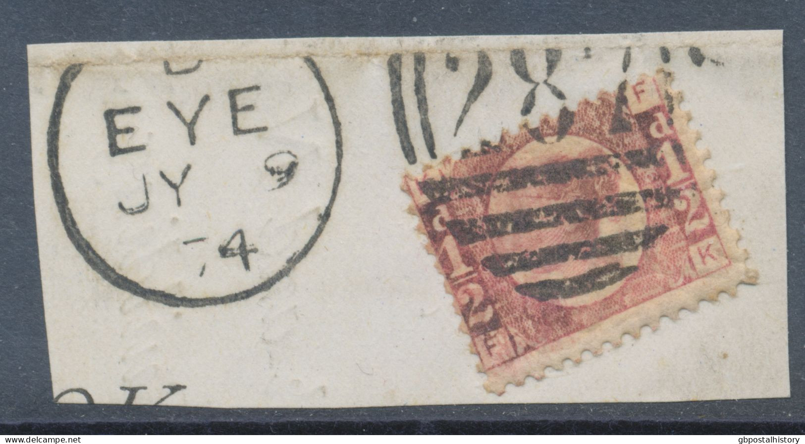 GB QV ½d Plate 6 (FK) Superb Used On Piece With Rare Duplex „EYE / 287“, Suffolk Now Cambridgeshire (4VODA, Time Code „B - Oblitérés