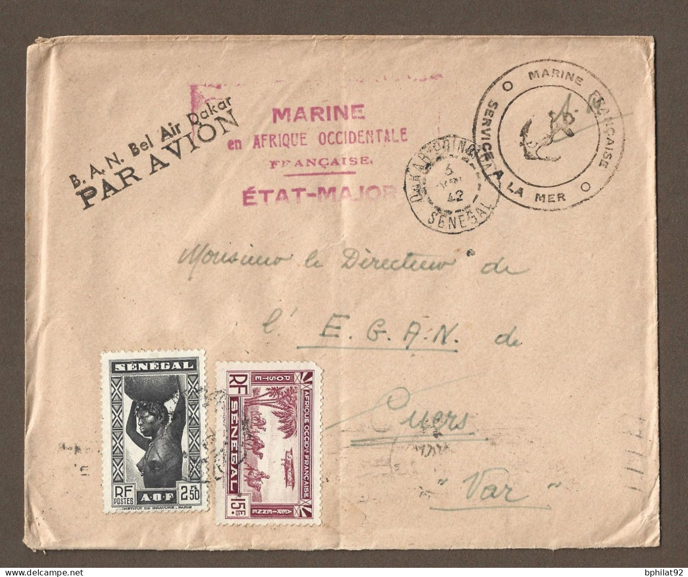 !!! SÉNÉGAL, LETTRE PAR AVION DE BAN DAKAR POUR LA FRANCE DE 1942 - Airmail