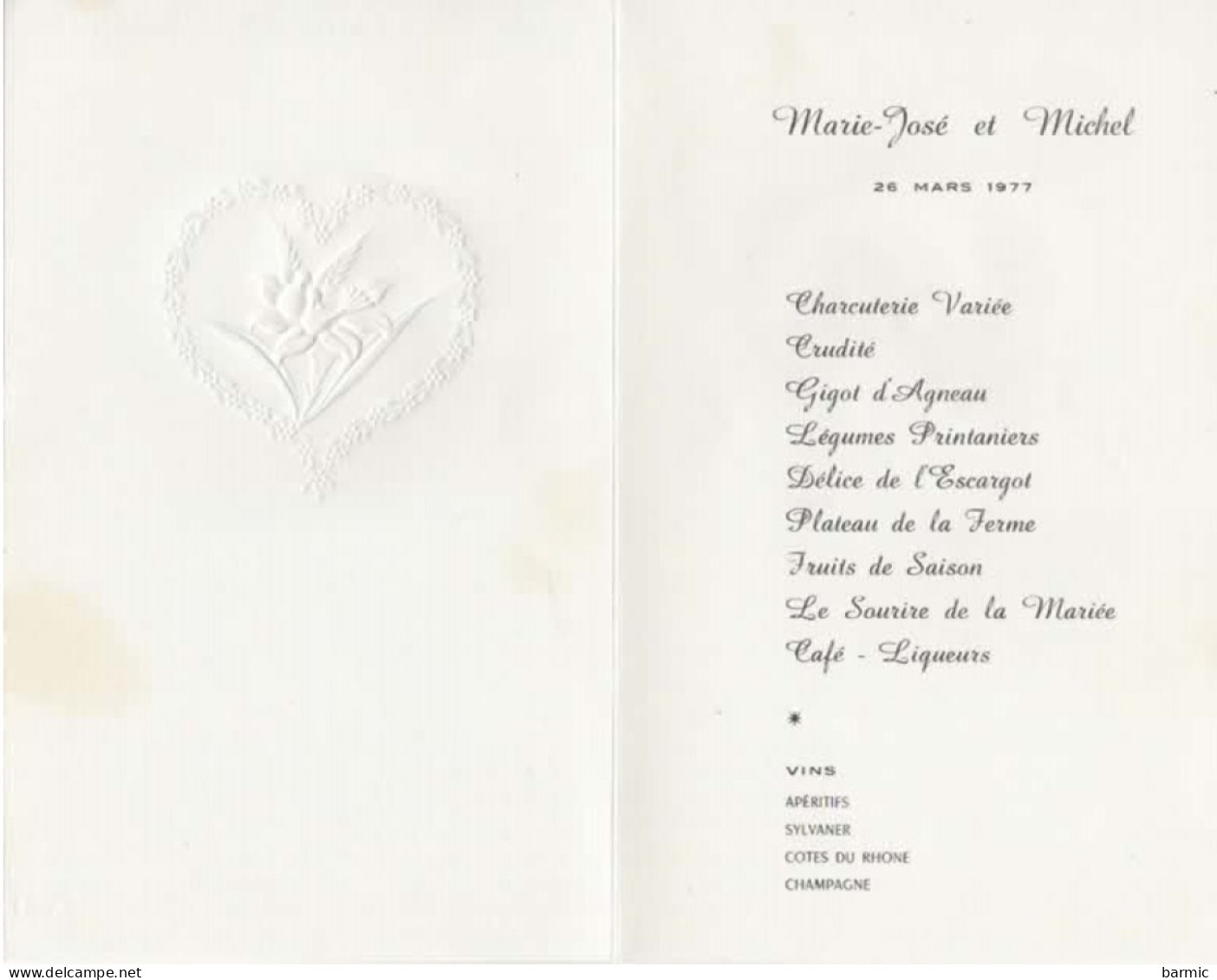 FAIRE PART DE MARIAGE, MARIE JOSE ET MICHEL LE 26/03/1977, CARTE GAUFFREE COEUR, COLOMBES  COULEUR  REF 15138 - Hochzeit