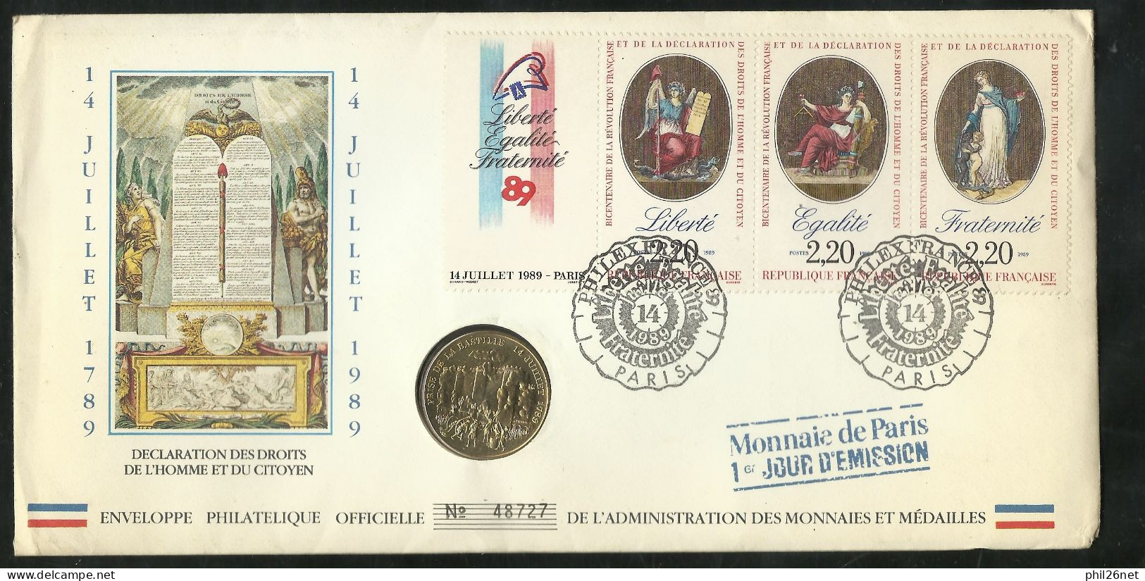 Premier Jour Illustré Droits De L'homme T2576 Bande Liberté Egalité Fraternité  Paris Le 14/7/1989 +monnaie Et Cachet TB - Covers & Documents