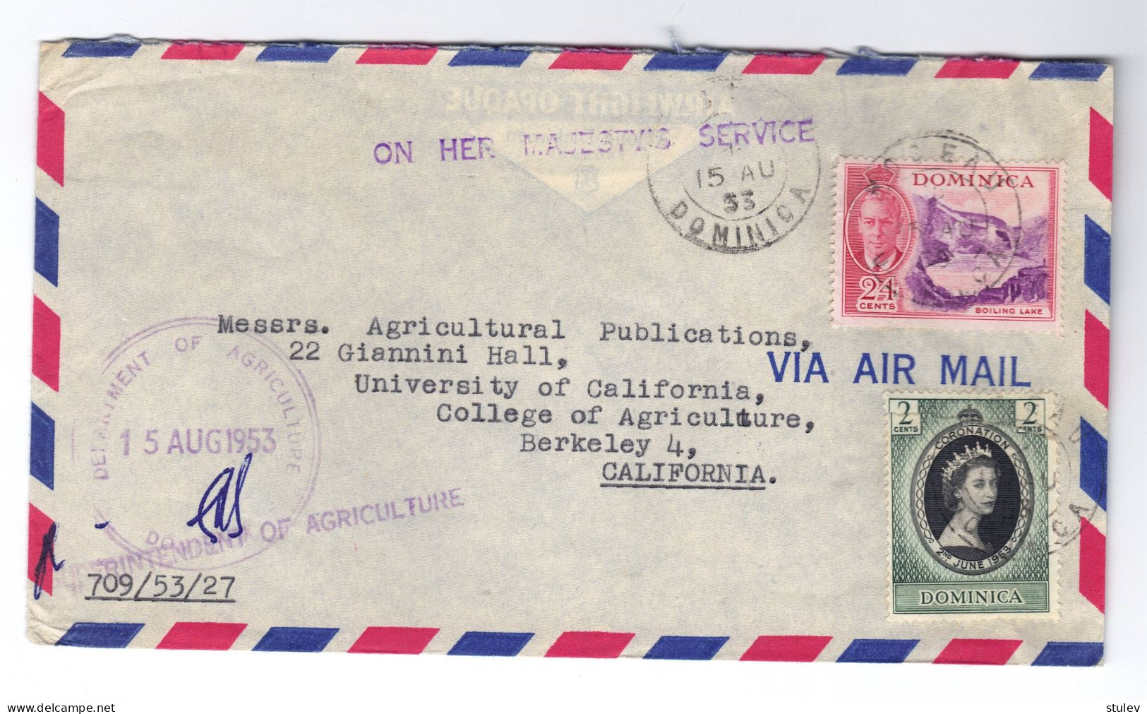 Dominica 1953 Official Cover Mixed Franking KGVI And QEII - DEPT. OF AGRICULTURE - Dominica (...-1978)