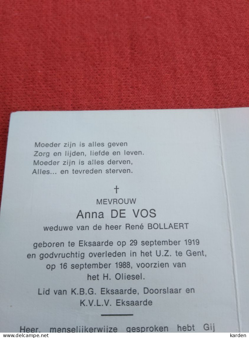 Doodsprentje Anna De Vos / Eksaarde 29/9/1919 Gent 16/9/1988 ( René Bollaert ) - Religion & Esotérisme