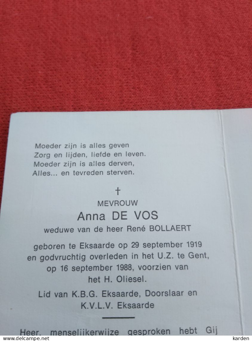 Doodsprentje Anna De Vos / Eksaarde 29/9/1919 Gent 16/9/1988 ( René Bollaert ) - Religione & Esoterismo