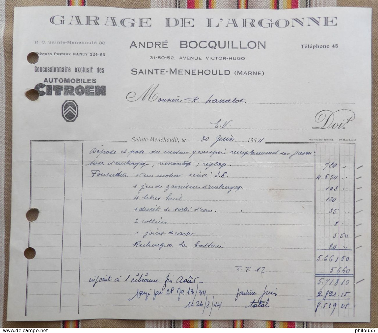 CITROEN 51 SAINTE MENEHOULD  A. Bocquillon Garage De L'ARGONNE Pour R. Lancelot WW2 - Cars