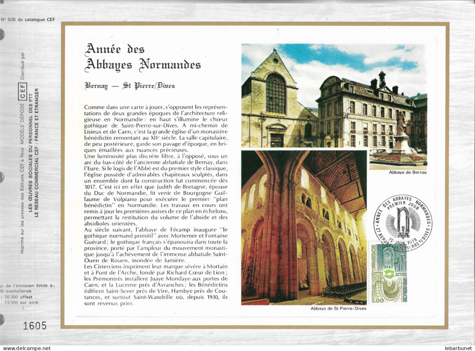 Feuillet N° 505 Du Catalogue CEF Année Des Abbayes Normandes 1timbre à 1,00 Bernay 16.06.1979 - 1970-1979