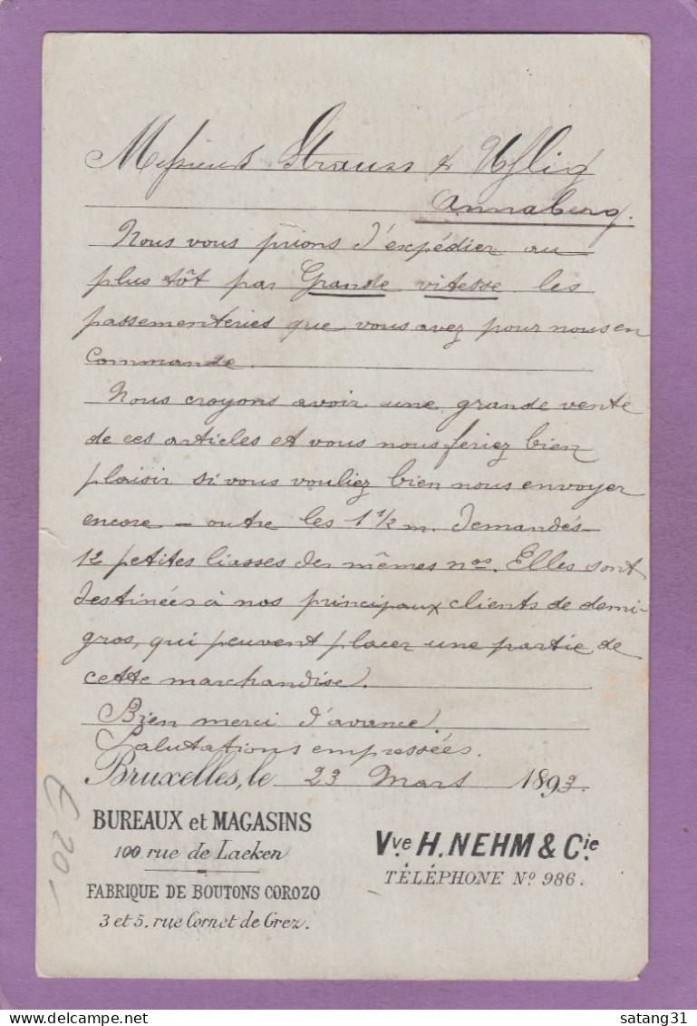 ENTIER POSTAL AVEC REPIQUAGE "FABRIQUE DE BOUTONS COROZO",BRUXELLES,1893. - Tarjetas 1871-1909