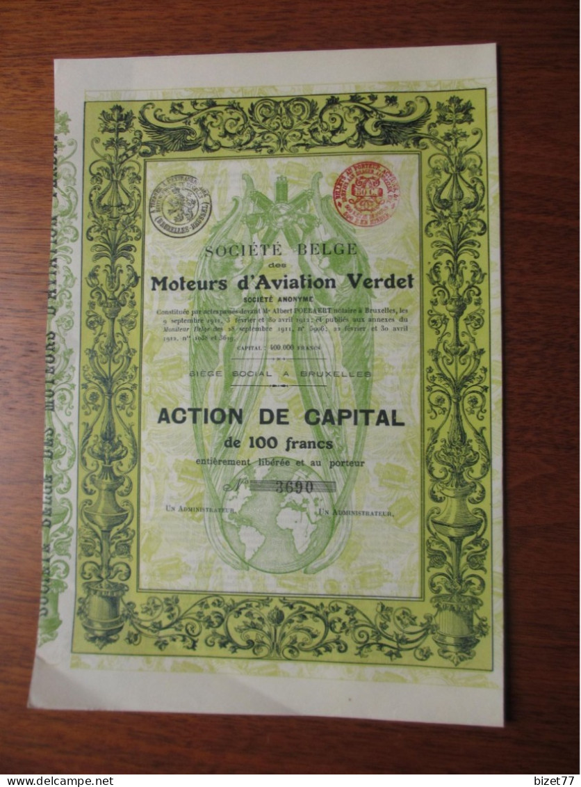 BELGIQUE - BRUXELLES 1912 - AVIATION - STE BELGE DES MOTEURS D'AVIATION VERDET - ACTION DE 100 FRS - BELLE DECO - Other & Unclassified