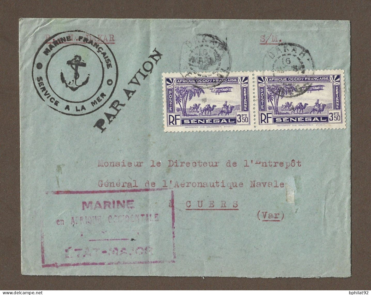!!! SÉNÉGAL, LETTRE DE LA MARINE PAR AVION DE DAKAR POUR LA FRANCE DE 1942, CACHET SERVICE À LA MER - Airmail