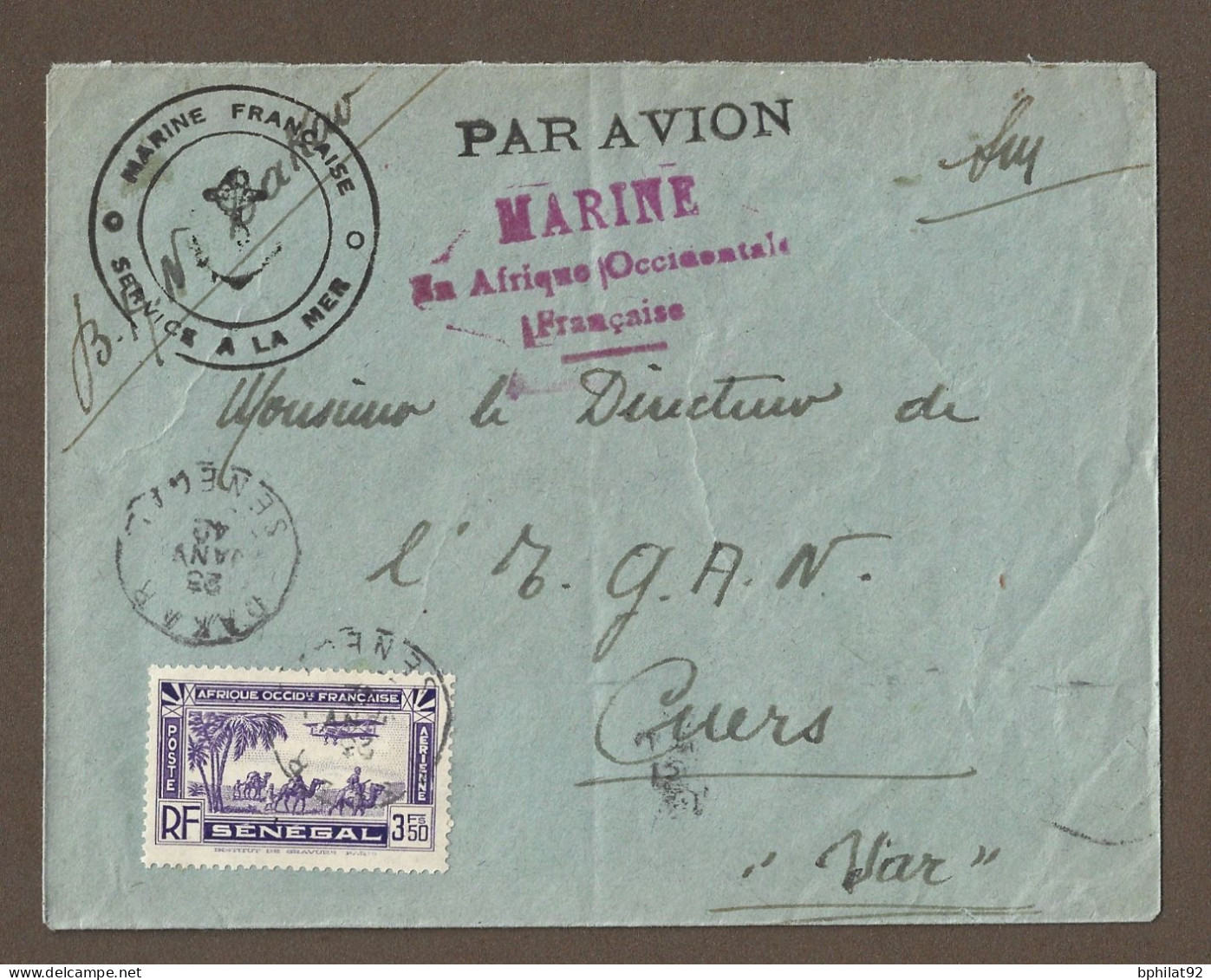 !!! SÉNÉGAL, LETTRE FM DE LA MARINE PAR AVION DE DAKAR POUR LA FRANCE DE 1942, CACHET SERVICE À LA MER - Airmail