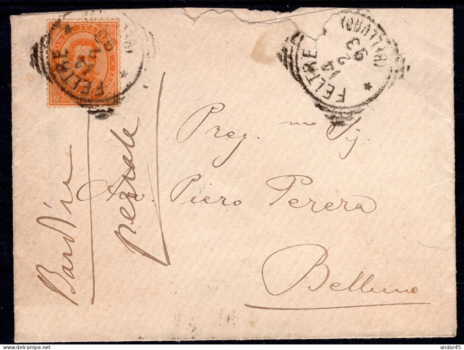 1893 14 FEB  C.20 SASS.39 "EFFIGIE DI UMBERTO I"USATO SU BUSTA  DA  FELTRE X BELLUNO  MOLTO BELLA - Poststempel