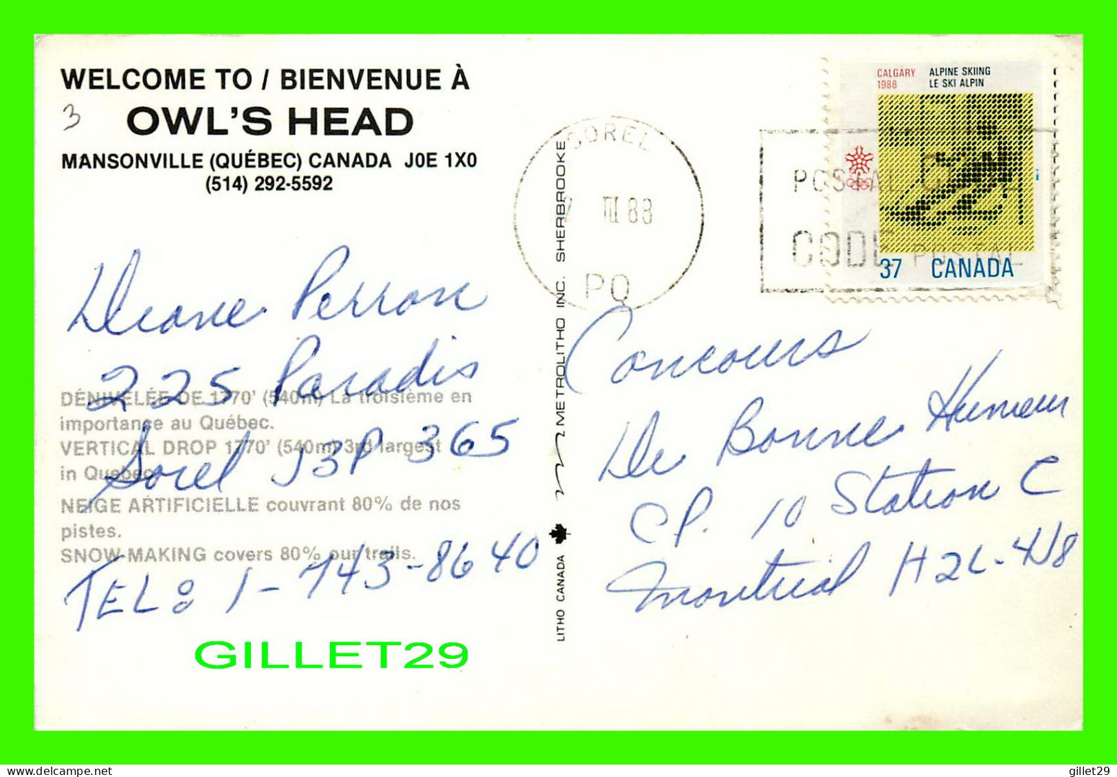 MANSONVILLE, QUÉBEC - BIENVENUE À OWL'S HEAD - PISTES DE SKI - CIRCULÉE EN 1988 - LITHO CANADA - METROLITHO INC - - Autres & Non Classés