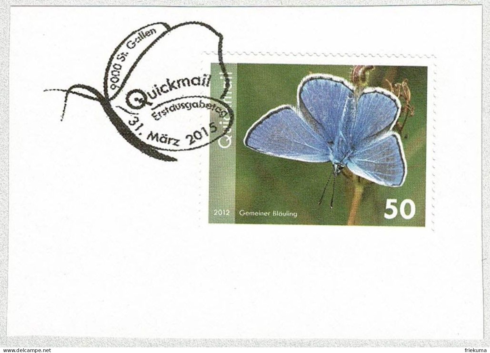 Schweiz / Helvetia 2015, Stempel Ersttag Quickmail St. Gallen, Privatpost, Schmetterling / Papillon / Butterfly  - Papillons