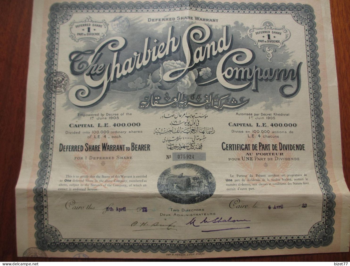 EGYPTE - LE CAIRE 1923 - THE GHARBIEH LAND Cie - CERTIFICAT DE PART DE DIVIDENDE - DECO - Altri & Non Classificati