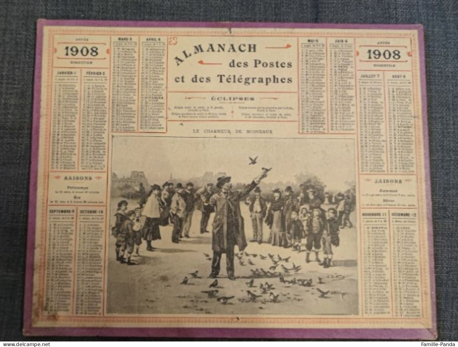 Calendrier PTT ALMANACH 1908 Des Postes Et Télégraphes 45 Loiret - Le Charmeur De Moineaux - Oberthur - Grand Format : 1901-20