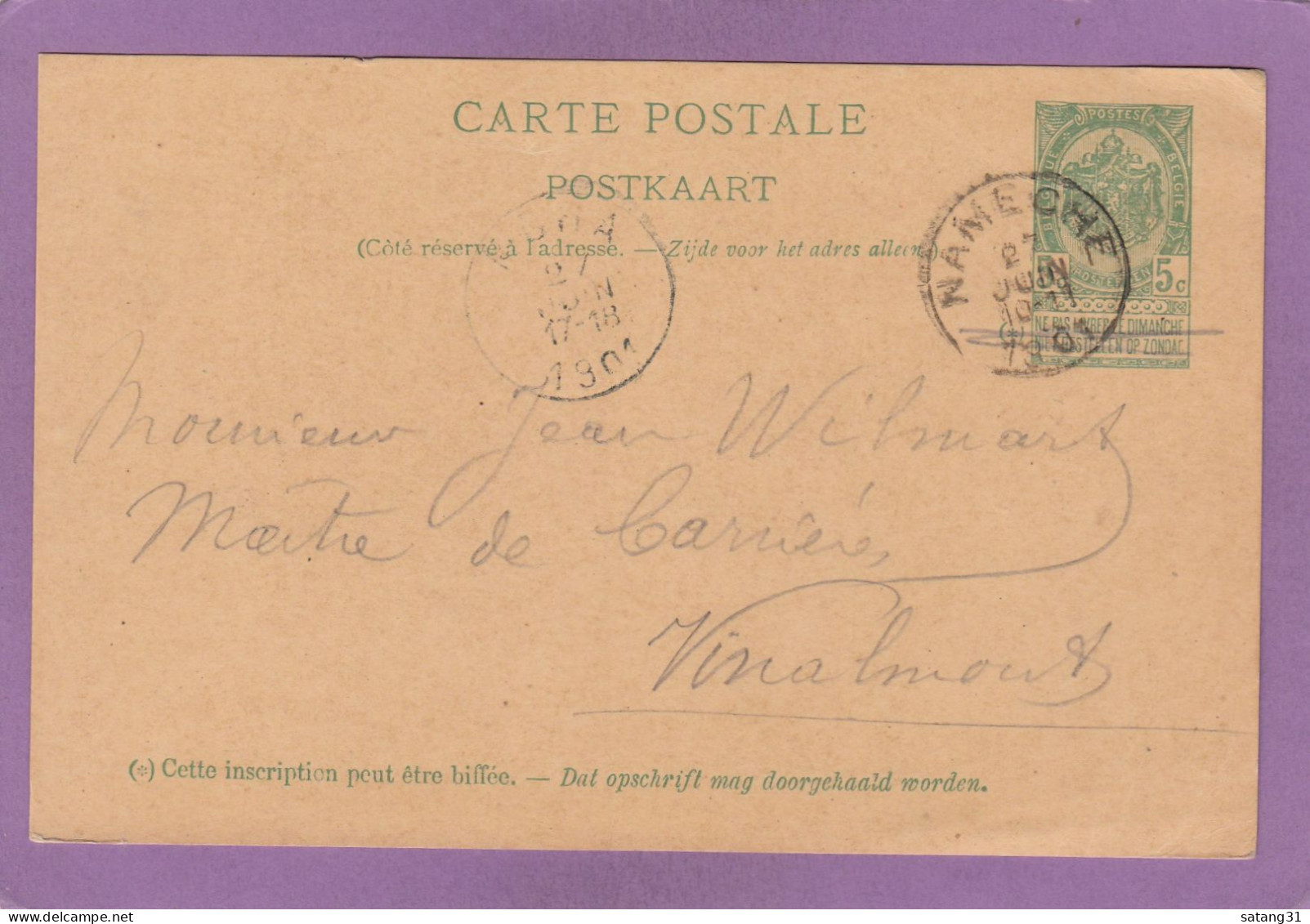ENTIER POSTAL DE NAMECHE POUR VINALMONT,POSTE A MOHA,1901. - Cartes Postales 1871-1909