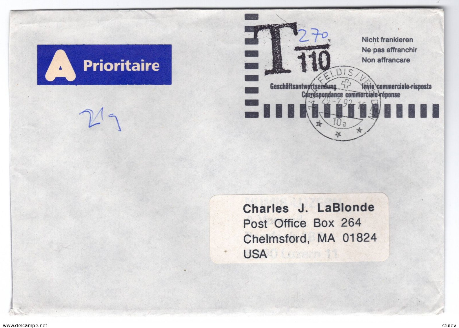 Switzerland 1992 Internal POST FREE Cover Sent To The United States Postage Due - Taxe