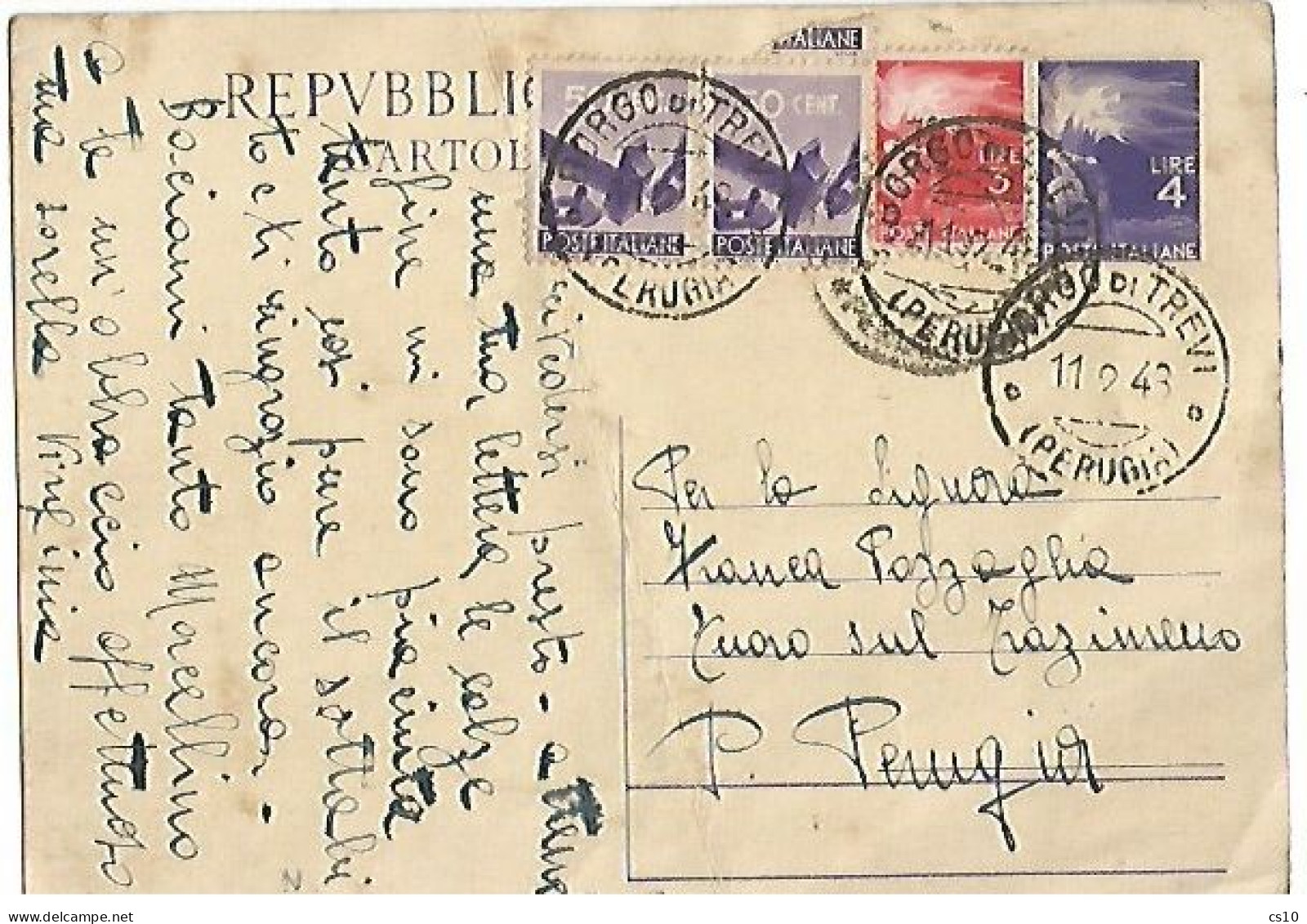 Repubblica CP133 Democratica L.4 + L3 + C.50coppia Borgo Trevi 11feb1948 X Perugia - Stamped Stationery