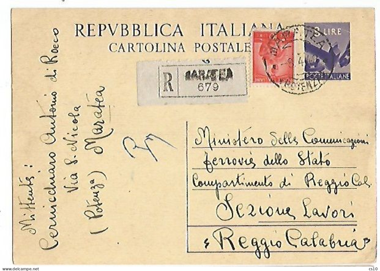 Repubblica CP134 Democratica L.8 + Raccomandazione L.10 Maratea 8apr1948 X Reggio Calabria - Postwaardestukken