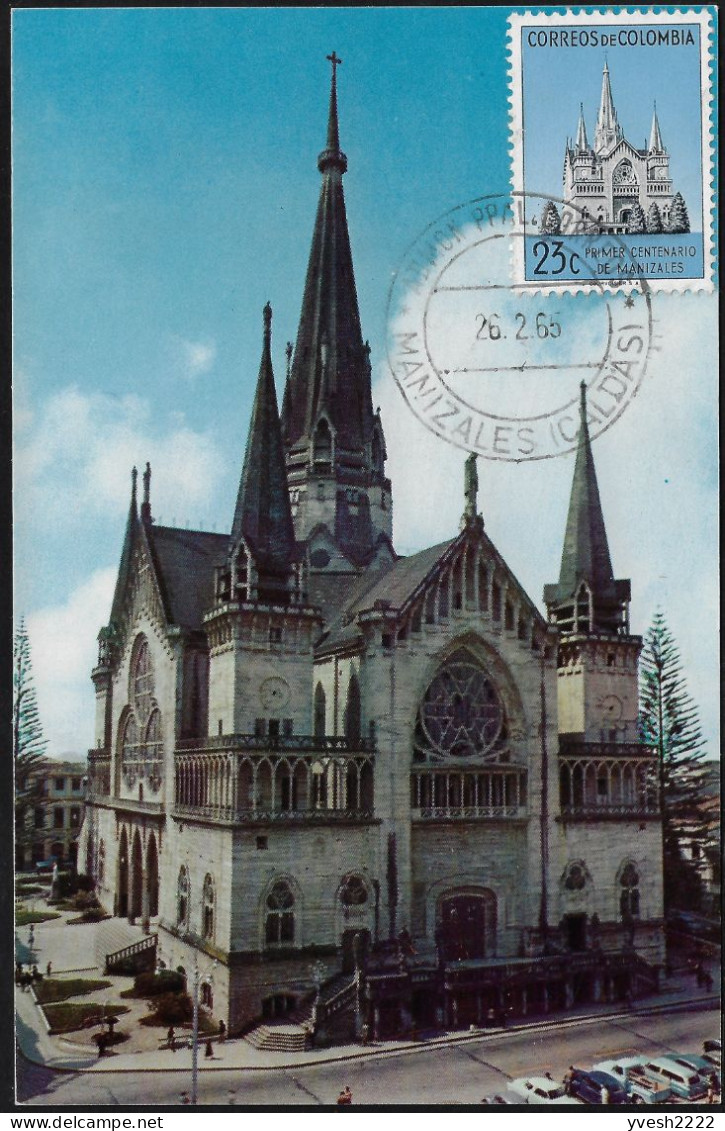 Colombie 1952 / 1965 Y&T 474 Sur Carte Maximum. Centenaire De La Ville De Manizales. La Cathédrale - Churches & Cathedrals