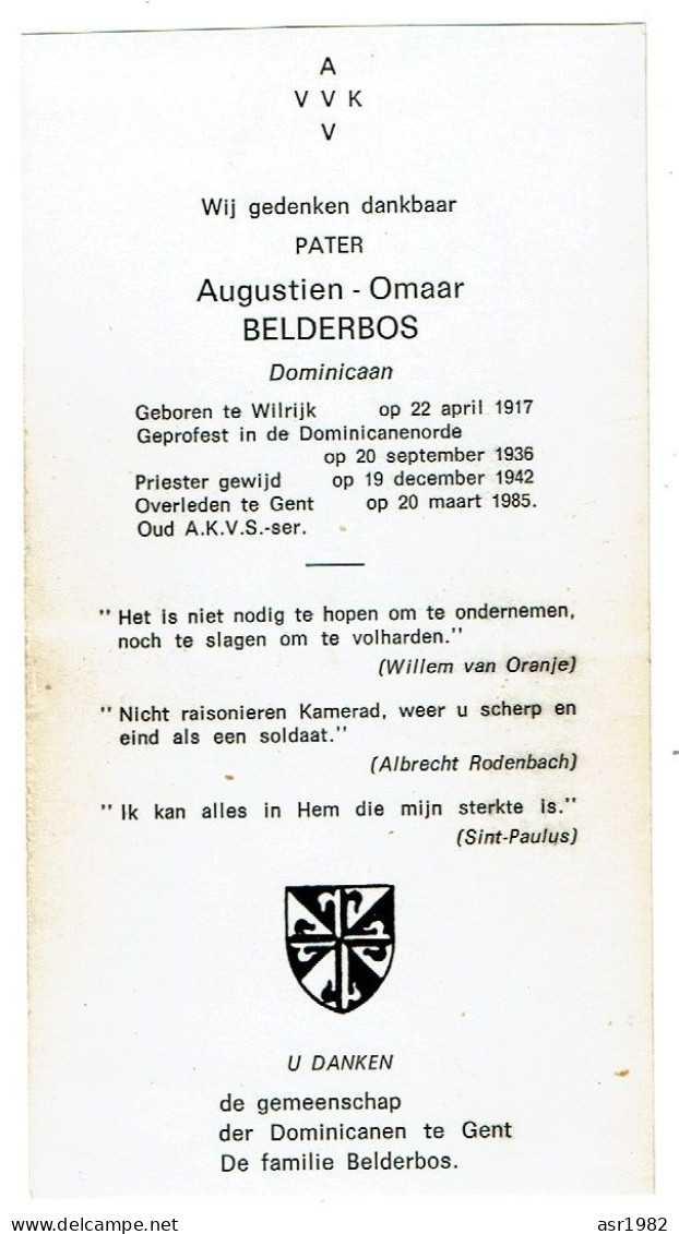 Doodsprentje Priester / Pater : Wilrijk - Gent : Augustien-Omaar Belderbos . - Religión & Esoterismo