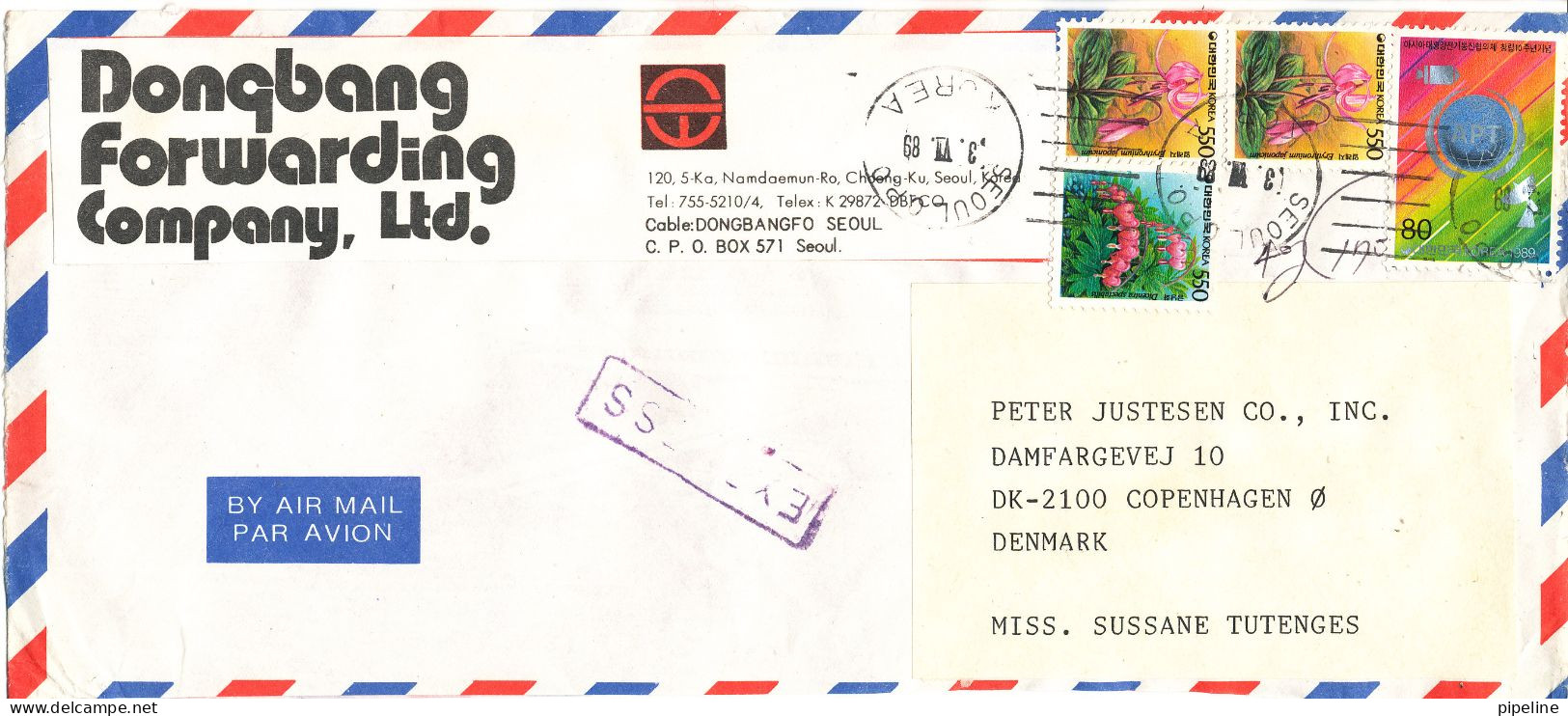 Korea South Air Mail Cover Sent Express To Denmark 3-7-1989 Topic Stamps - Korea (Süd-)