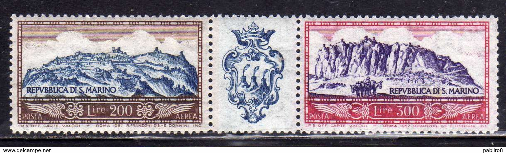 REPUBBLICA DI SAN MARINO 1958 POSTA AEREA AIR MAIL VEDUTA MONTE TITANO VIEW STRISCIA SERIE COMPLETA STRIP SET MNH - Poste Aérienne