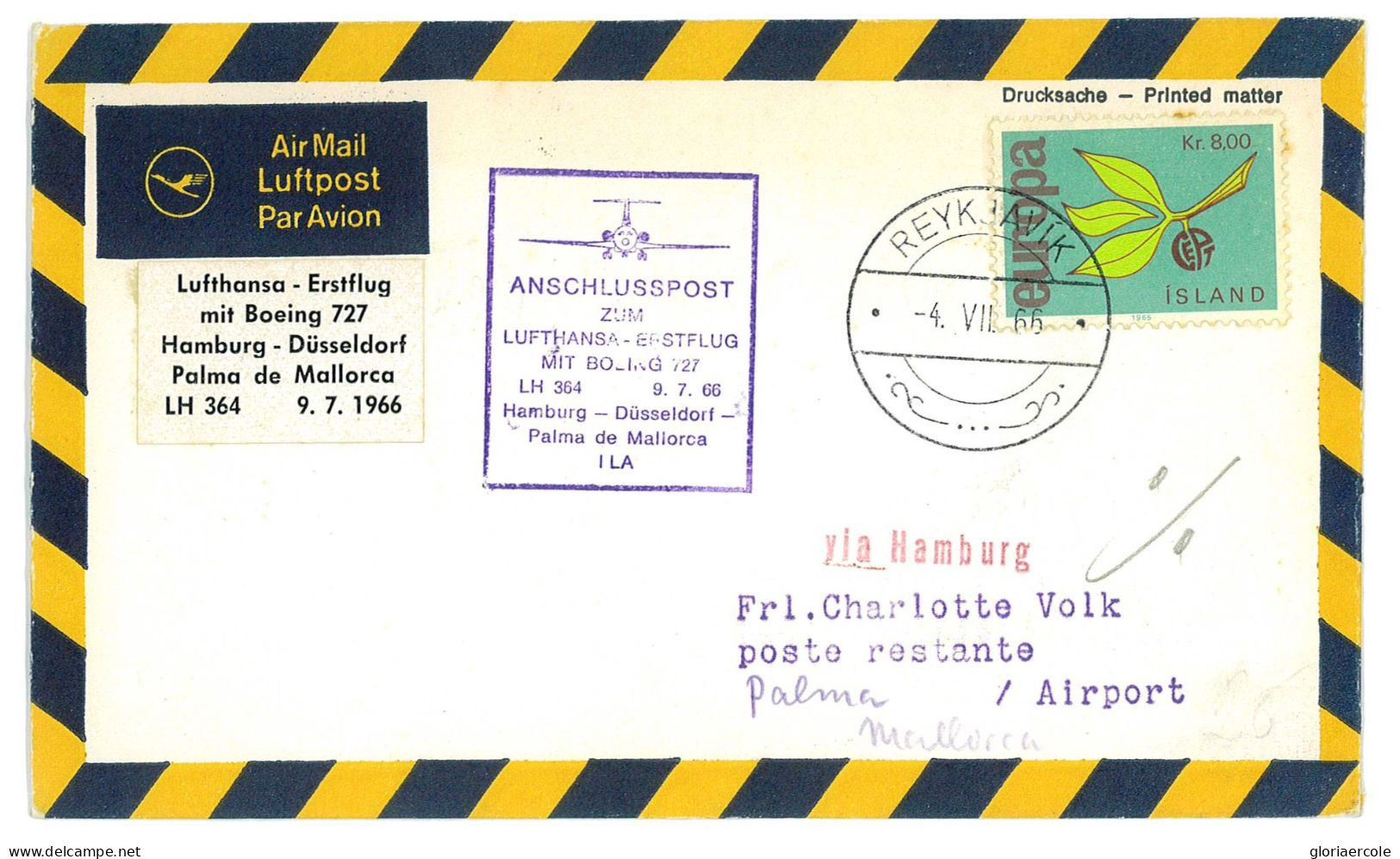 P2907 - ISLANDIA/SPAIN 1ST FLIGHT LUFTHANSA 1966 TO PALMA DE MALLORCA, ICELAND DISPATCH, NOT CATALOGUED IN EDIFIL!!!! NI - Aviones