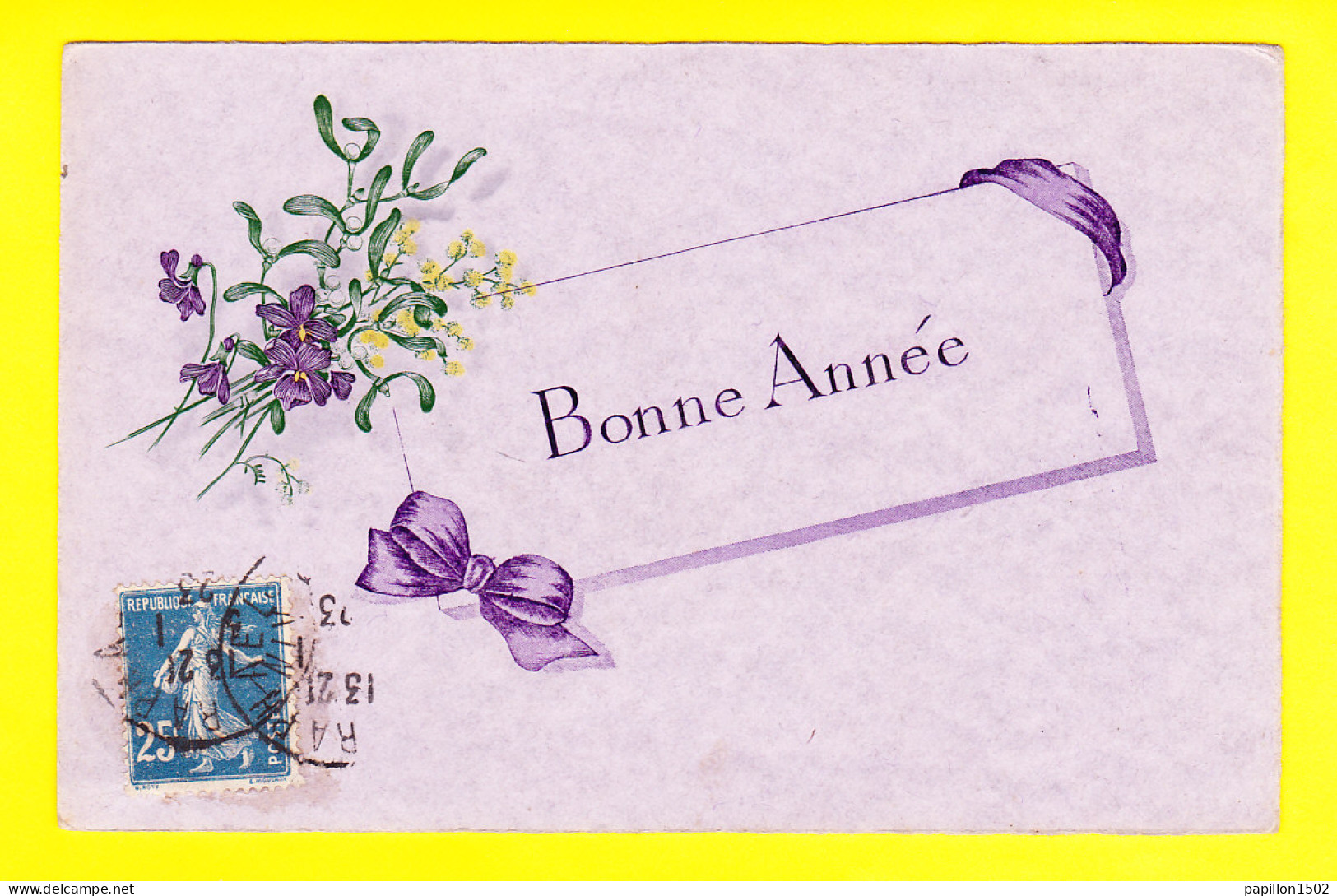 Nouvel An-245P45 Bonne Année En Relief, Carte Mauve, Bouquet De Violettes, Mimosa, Cpa BE - New Year