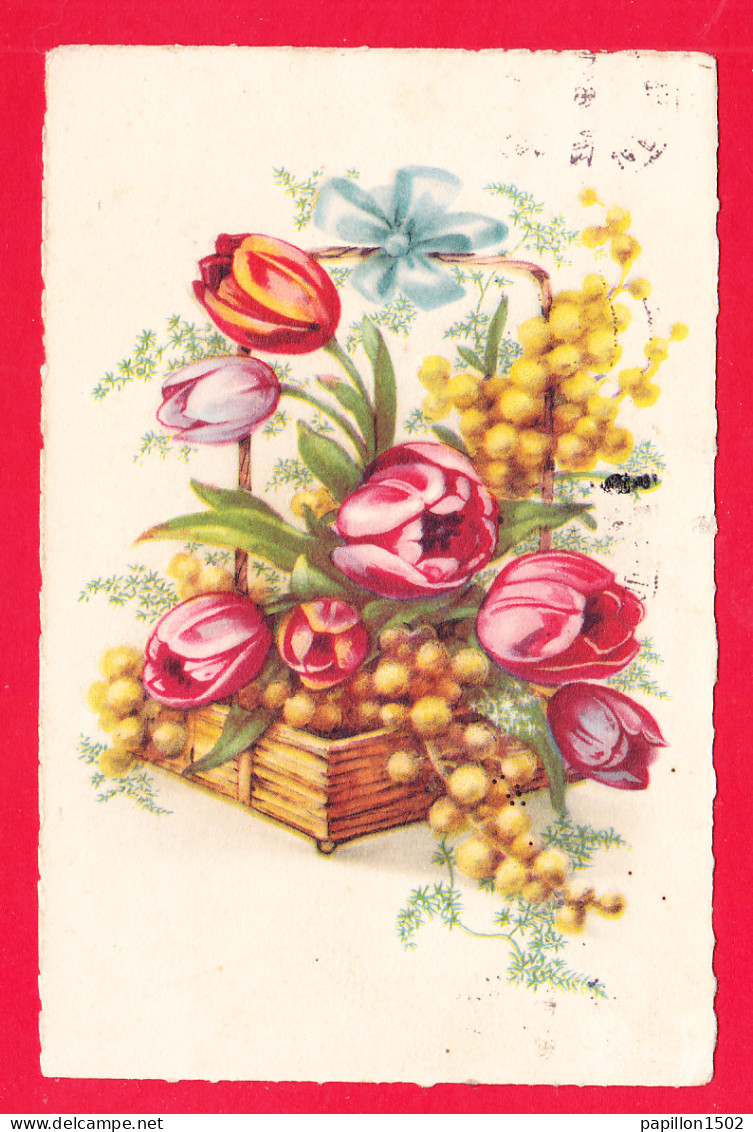 Fleurs-167P45 Bouquet De Tulipes Et Mimosa Dans Un Panier En Osier, Ruban, Cpa  - Andere & Zonder Classificatie