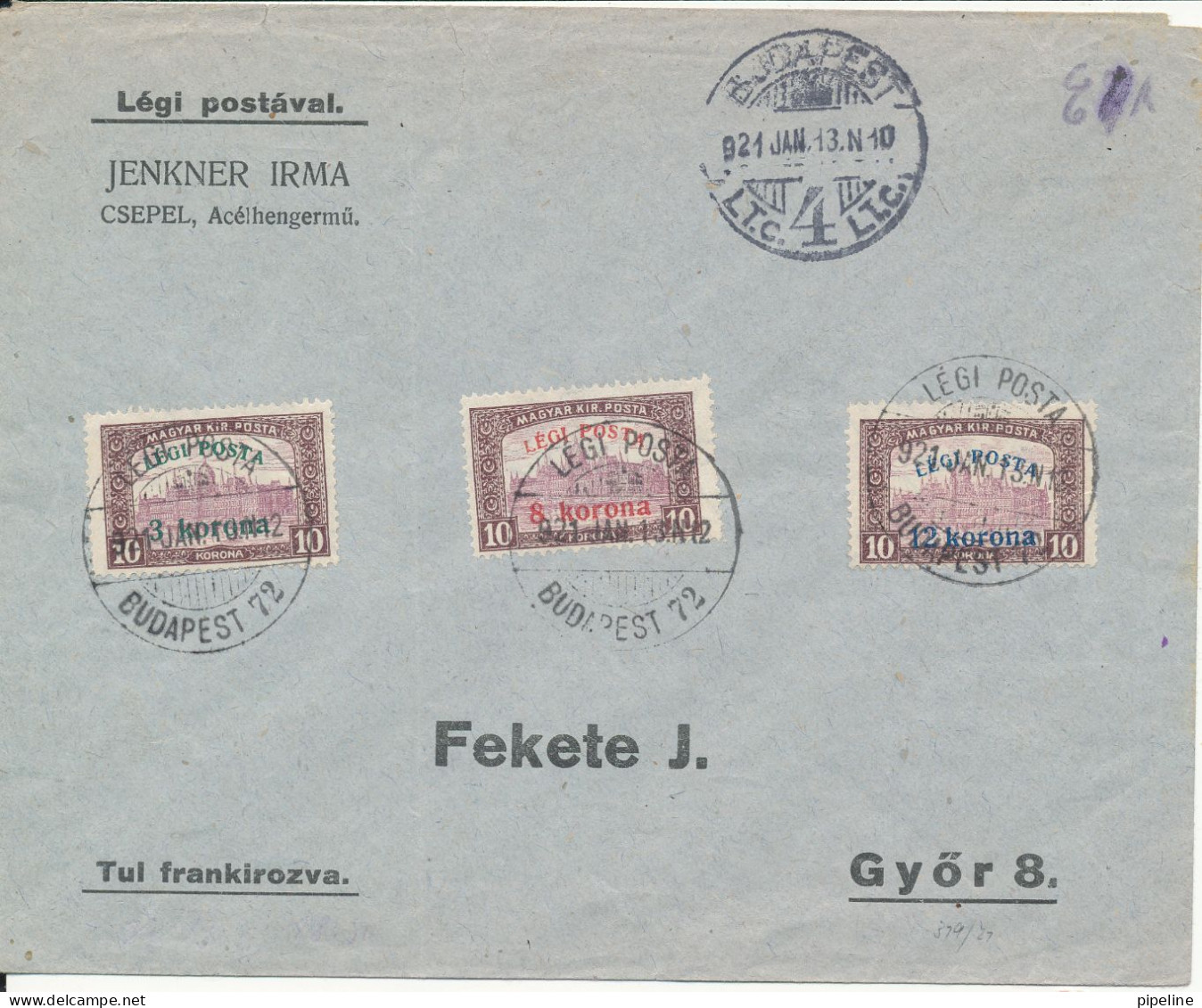 Hungary Cover Budapest 13-1-1921 With Complete Set Air Mail Provisorium (light Folded And With Hinged Marks On The Backs - Storia Postale