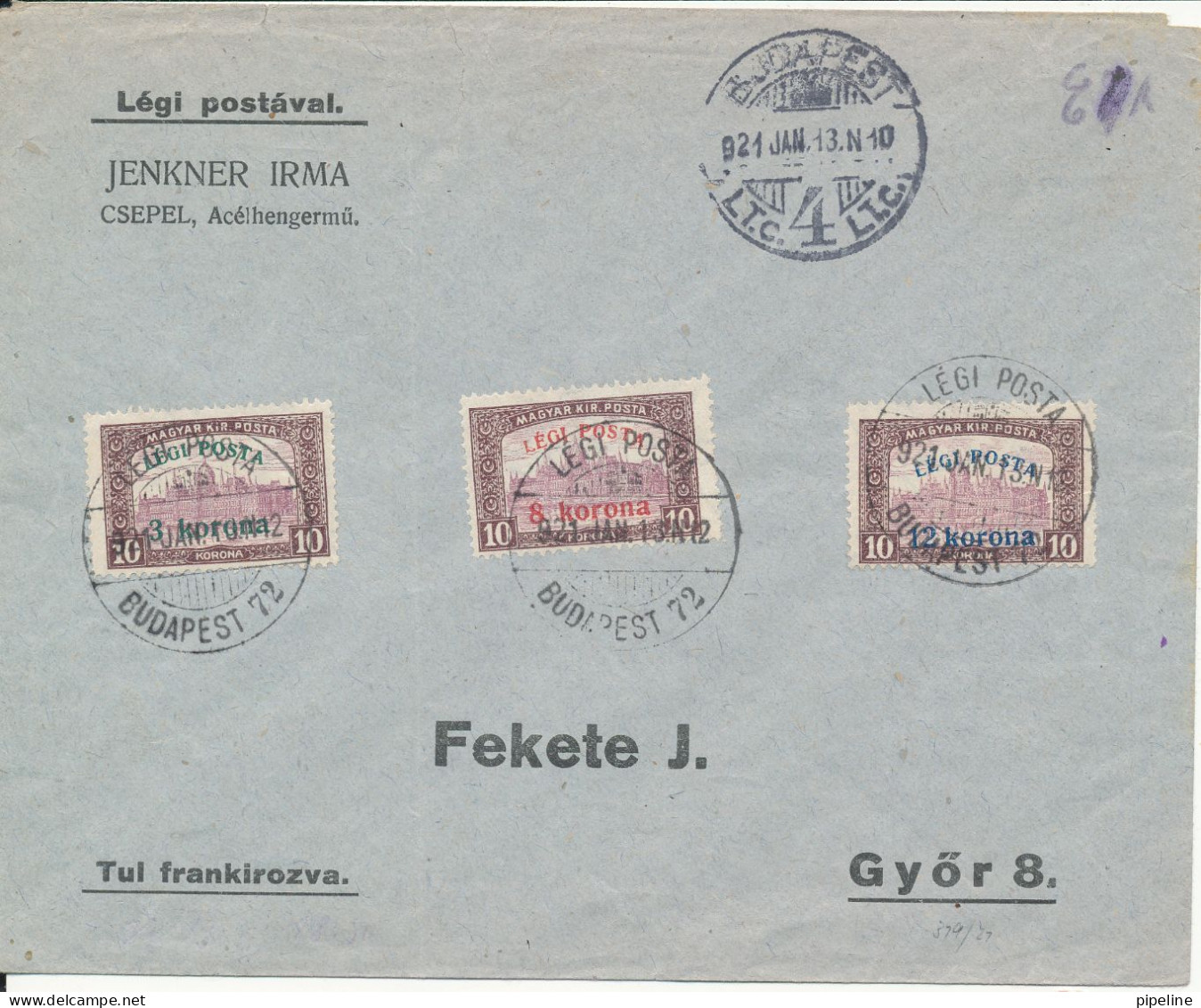 Hungary Cover Budapest 13-1-1921 With Complete Set Air Mail Provisorium (light Folded And With Hinged Marks On The Backs - Lettres & Documents