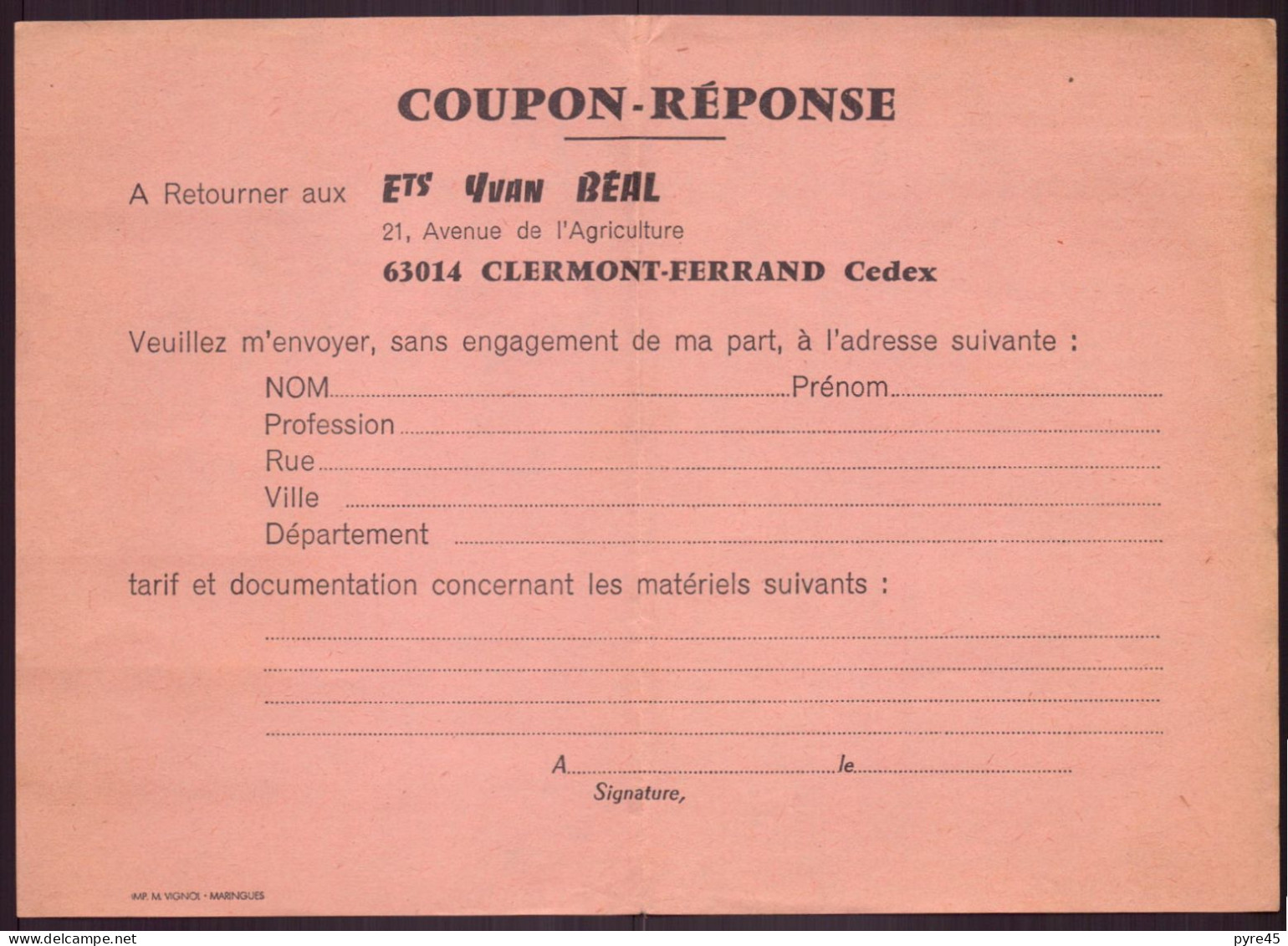 Lettre A En Tete + Coupon Reponse Yvan Beal, Tronconneuses Stihl, Clermont Ferrand - Non Classés