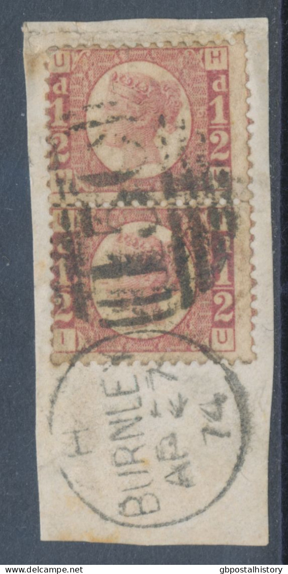 GB QV ½d Plate 6 (pair, HU-IU) Very Fine Used On Piece With Duplex „BURNLEY / 150“, Lancashire (4CD, Time Code „H“), 27. - Oblitérés