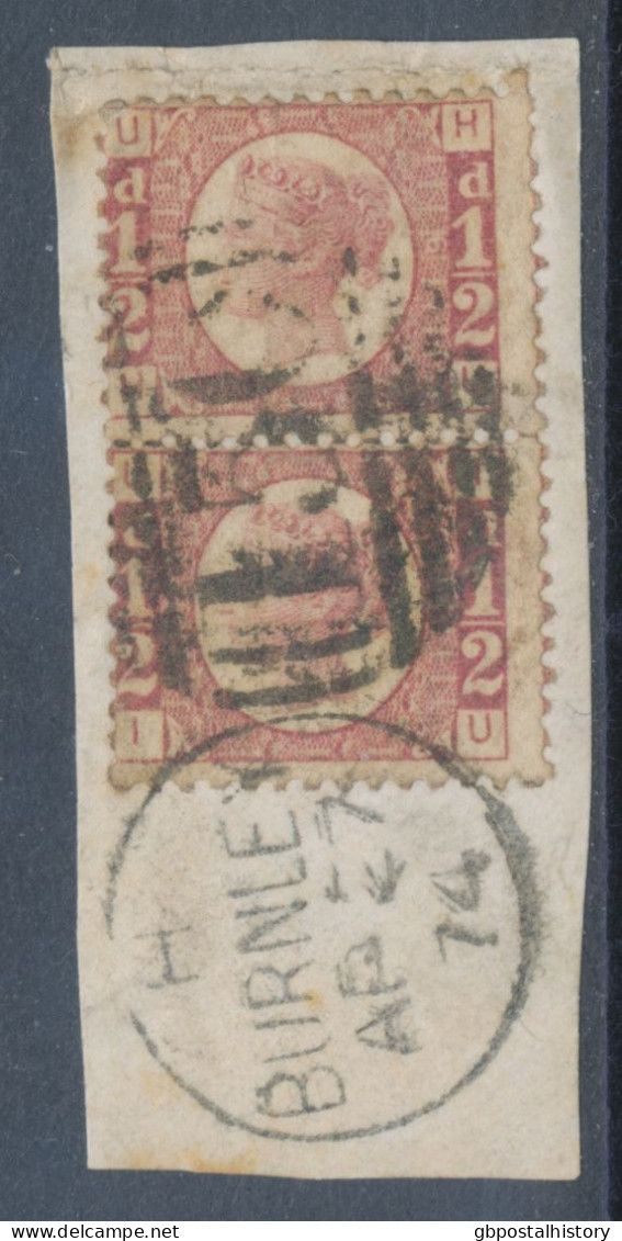 GB QV ½d Plate 6 (pair, HU-IU) Very Fine Used On Piece With Duplex „BURNLEY / 150“, Lancashire (4CD, Time Code „H“), 27. - Used Stamps