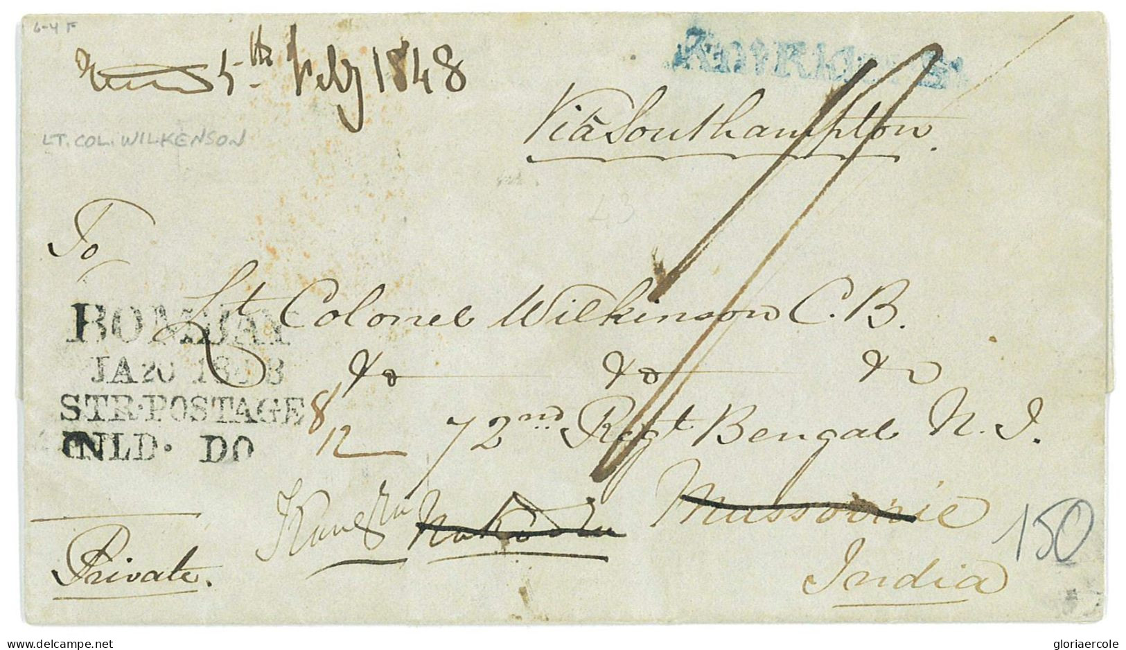 P2909 - BRITAIN 1847 FOLDED LETTER FROM G.B. TO INDIA TO MASSORIE, THEN FORWARDED. TO LT. COLONEL WILKINSON - ...-1840 Vorläufer