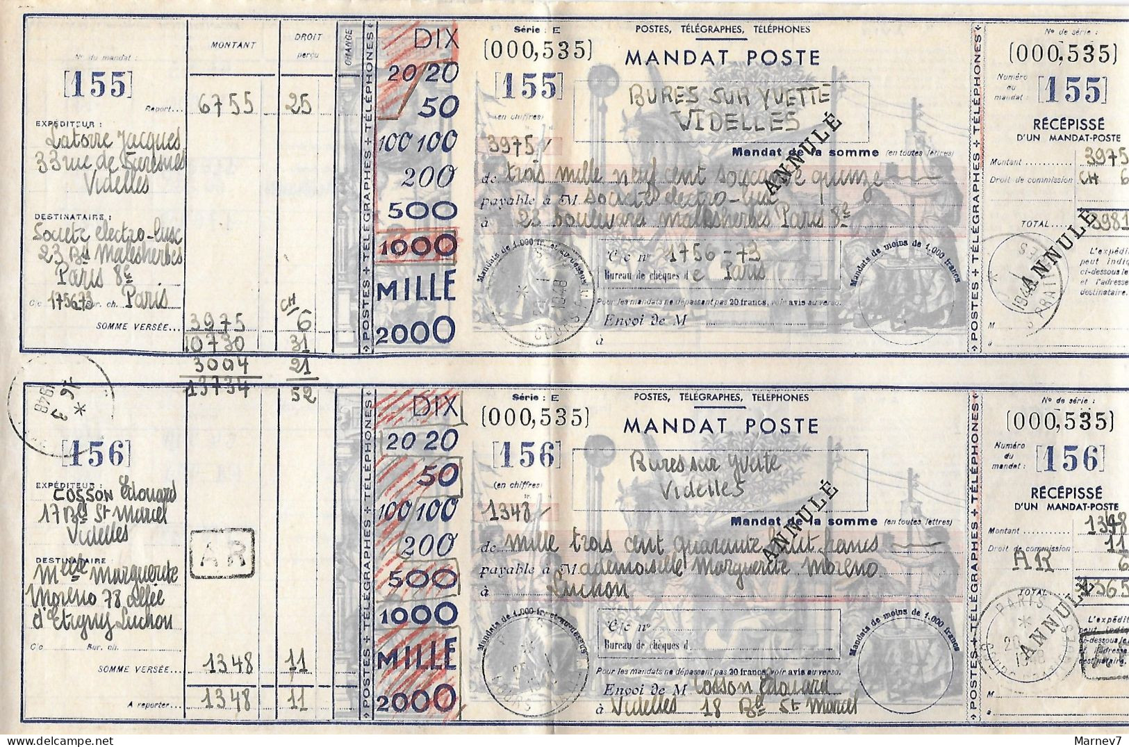 2 Mandat-Poste - Cours D'Instruction Griffe ANNULE -155 156 - Cad Du 20 1 1948 PARIS COURS PRATIQUES Griffe AR Au Vetso - Posta