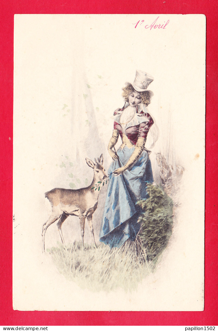 Illust-1445A15  M.M. VIENNE, Jeune Femme Dans La Forêt Donnant à Manger à Une Biche, Cpa Précurseur - Vienne