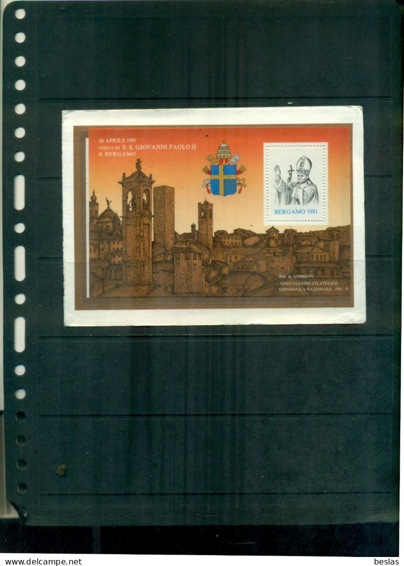 ITALIE VISITE DU PAPE JEAN-PAUL II A BERGAMO 1 BF SOUVENIR NEUF A PARTIR DE 1 EURO - Blocks & Sheetlets