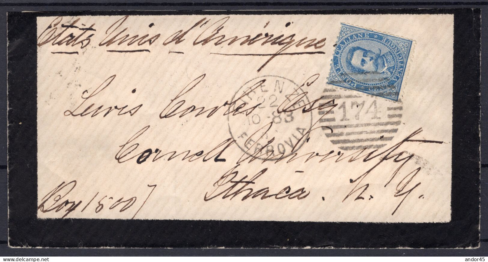 1883 22 OTT  C.25 SASS.40 "EFFIGIE DI UMBERTO I"USATO SU BUSTA LUTTO  DA  FIRENZE  X ITHACA  MOLTO BELLA CV 40+++ - Poststempel