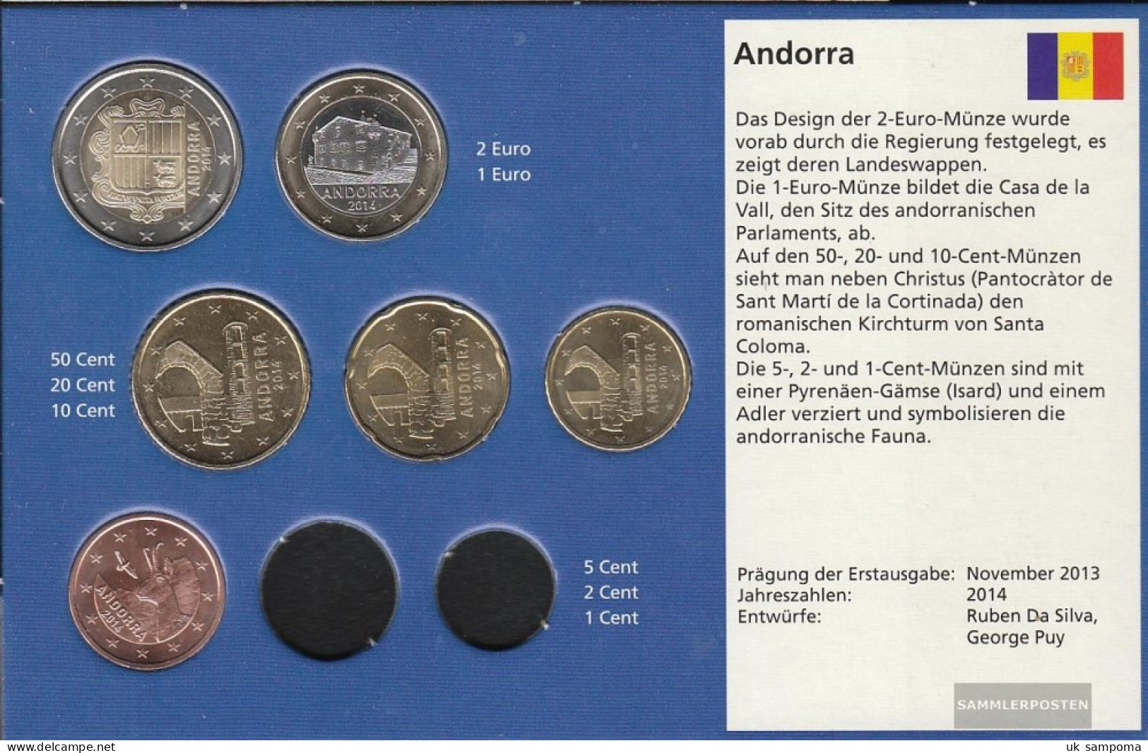 Andorra 2014 Stgl./unzirkuliert Kurzsatz: 5 Cent Until 2 Euro Stgl./unzirkuliert 2014 Kursmünzen-set - Andorra