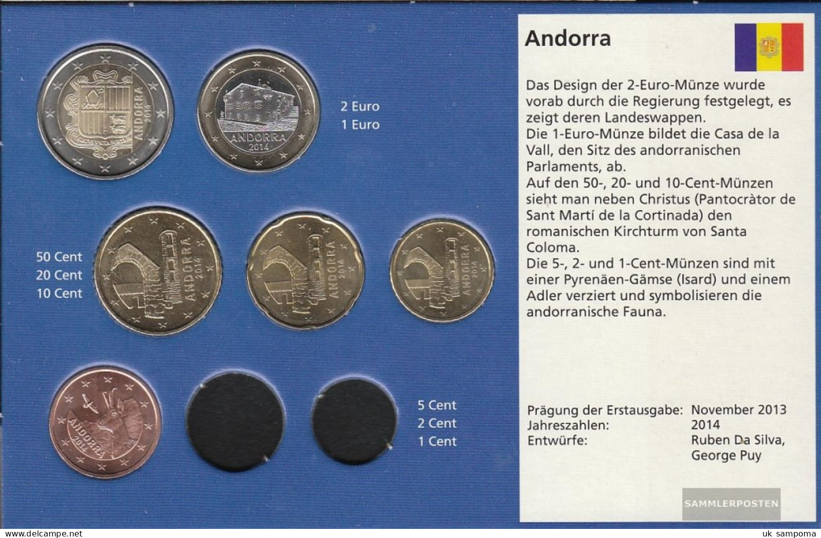 Andorra 2014 Stgl./unzirkuliert Kurzsatz: 5 Cent Until 2 Euro Stgl./unzirkuliert 2014 Kursmünzen-set - Andorre