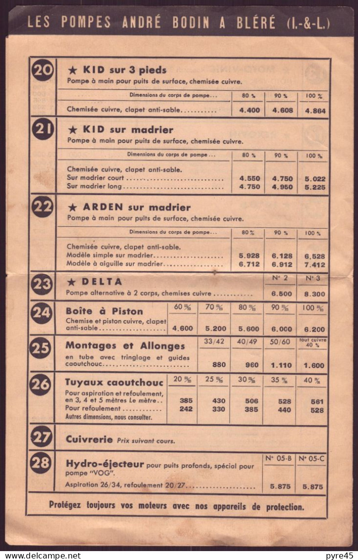 Publicitaire Avec Tarifs 1950, Les Pompes Andre Bodin à Blere - Pubblicitari